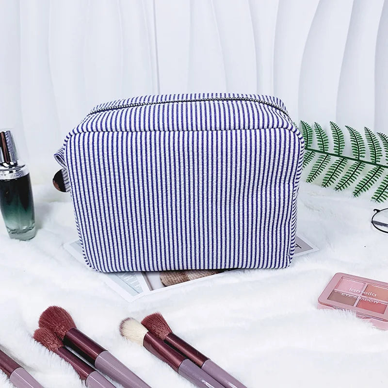 Seersucker Ruffle Cosmetic Bags Pink/Purple Striped Storage Make Up Bags for Women Lady with Zipper Travel Bag Makeup Bag