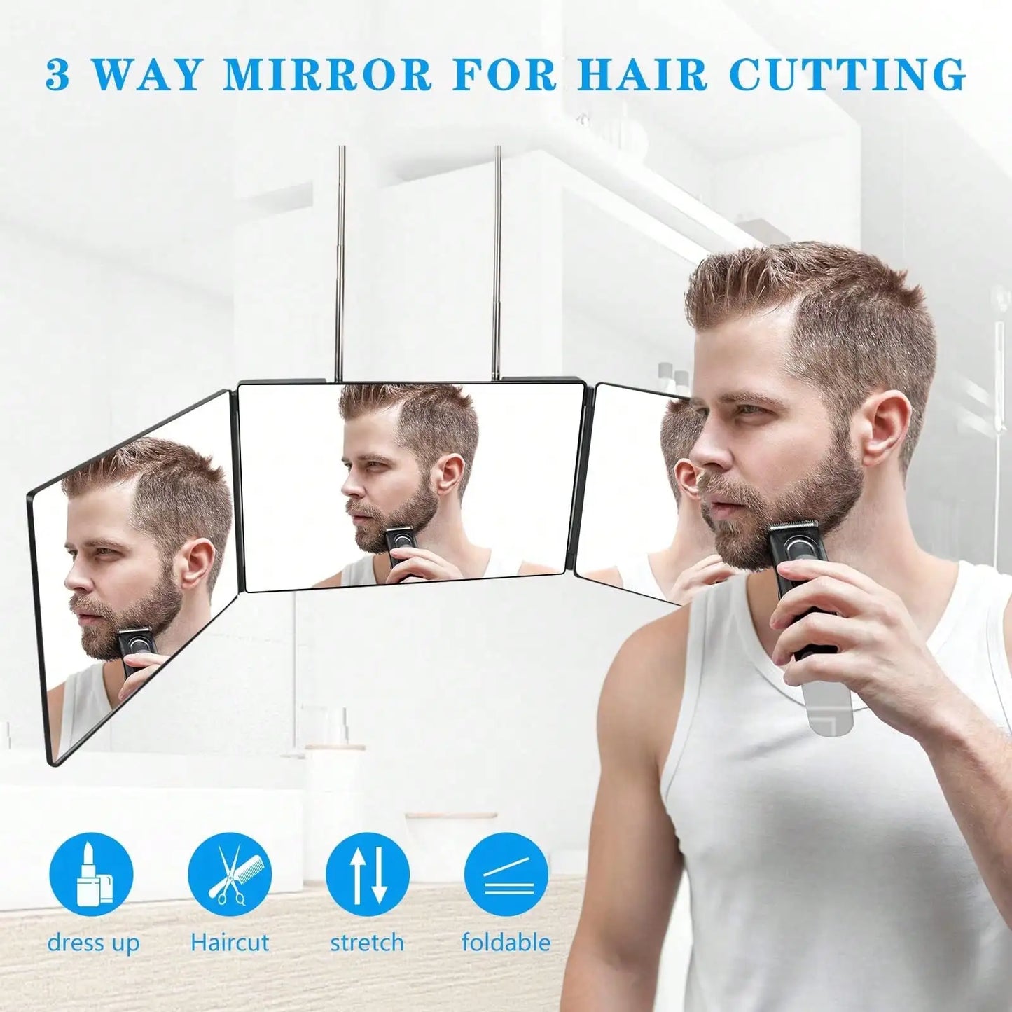 3 Way Mirror For Hair Cutting, 360 Trifold With Height Adjustable Telescoping Hooks For Makeup And Braiding