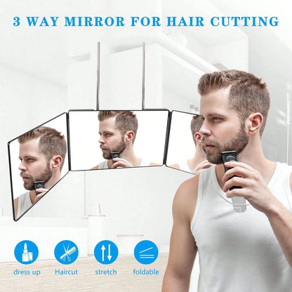3 Way Mirror For Hair Cutting, 360 Trifold With Height Adjustable Telescoping Hooks For Makeup And Braiding