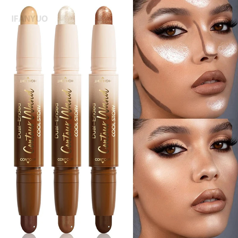 Contour Stick Double-Ended Highlight and Shadow Cream Waterproof Full Coverage Concealer Natural Finish Makeup for All Skin Tone