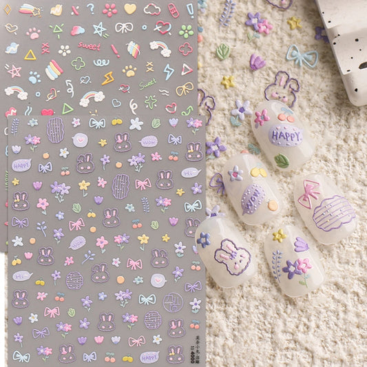 2pcs Cartoon Cute Line Rainbow Embossed Nail Art Stickers - Decal, Easy to Apply Nail Decoration, DIY, Gift, Party Makeup