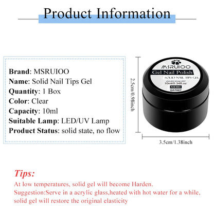 MSRUIOO 10ml Clear Solid Nail Tips Gel Long Lasting Bubble-free UV/LED Building Gel for Nails Home Salon Manicure DIY Design