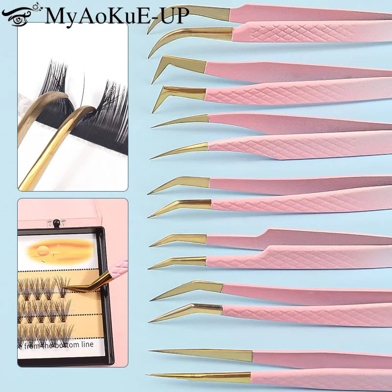 1pcs Eyelash Extension Tweezers Eyebow Clip Pink Stainless Steel Lash Lifting Tweezers Beauty Supplies Diy Makeup Tool