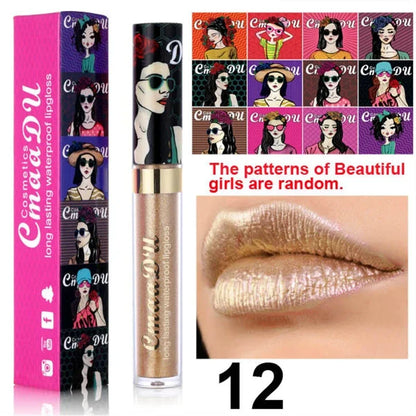 Cmaadu shimmer lip gloss beauty girl diamond glitter lip tint waterproof long lasting 12 color gold flash liquid lipstick makeup