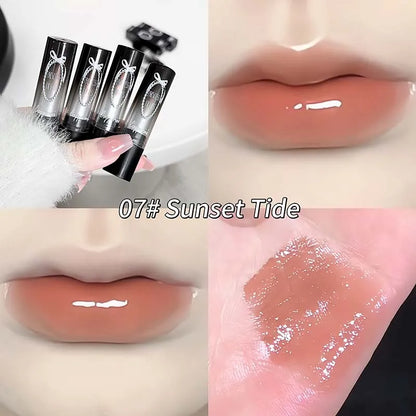 Caramel Brown Solid Lip Gloss Moisturizing Lace Bow Mirror Glass Jelly Lipstick Non Stick Cup Water Light Plump Lip Tint Makeup