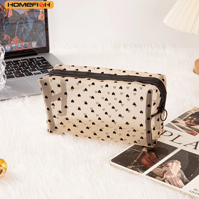 HOMEFISH Heart Transparent Mesh Makeup Bag Multifunction Portable Women Cosmetic Storage Pouch Ladies Toiletry Lipstick