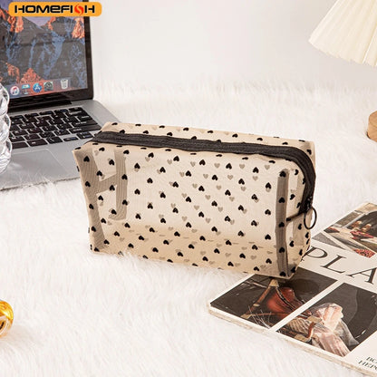 HOMEFISH Heart Transparent Mesh Makeup Bag Multifunction Portable Women Cosmetic Storage Pouch Ladies Toiletry Lipstick