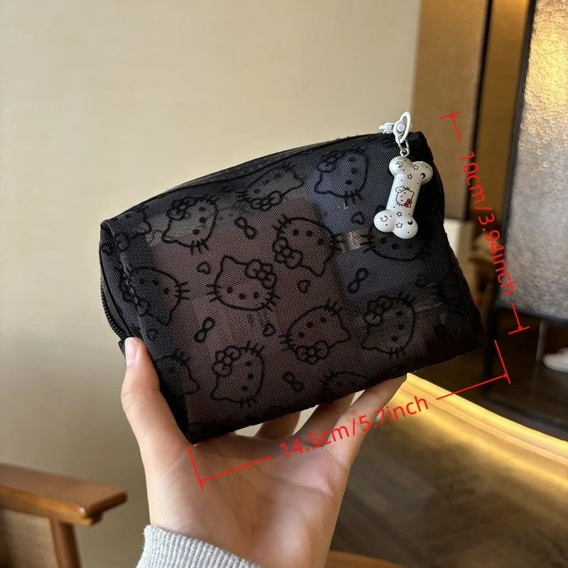 Black Mesh Hello Kitty Makeup Bag - Cute Portable Cosmetic Pouch with Large Capacity, Durable Organizer for Travel