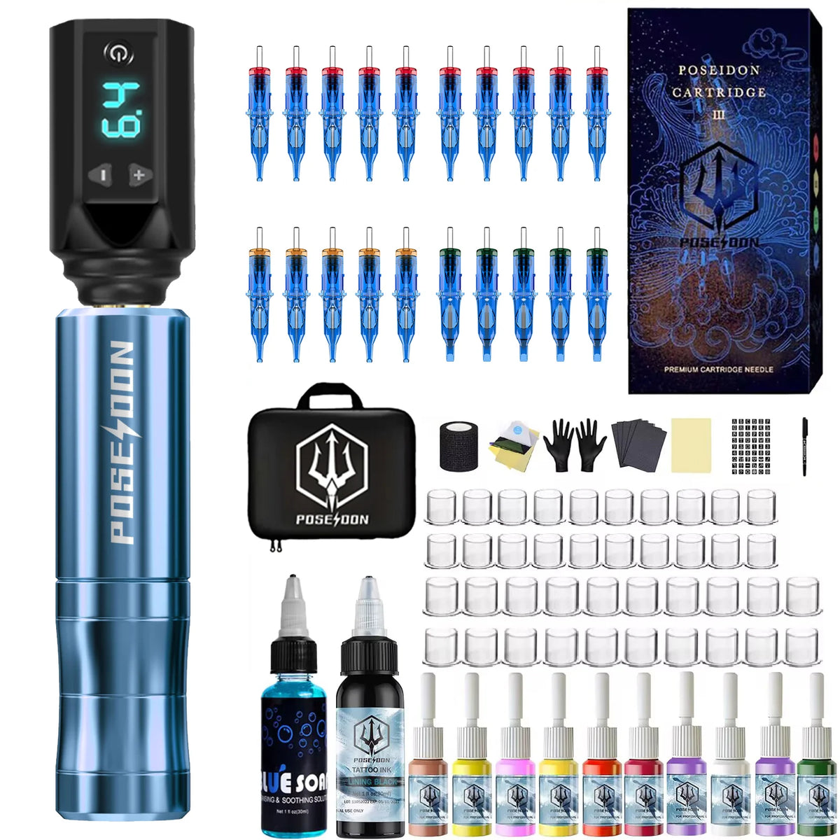Tattoo Kit POSEIDON Lightweight Tattoo Pen Kit For Permanent Makeup Tattoo Machine Kit Wireless Tattoo Power Supply Tattoo Kit