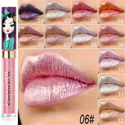 Cmaadu shimmer lip gloss beauty girl diamond glitter lip tint waterproof long lasting 12 color gold flash liquid lipstick makeup