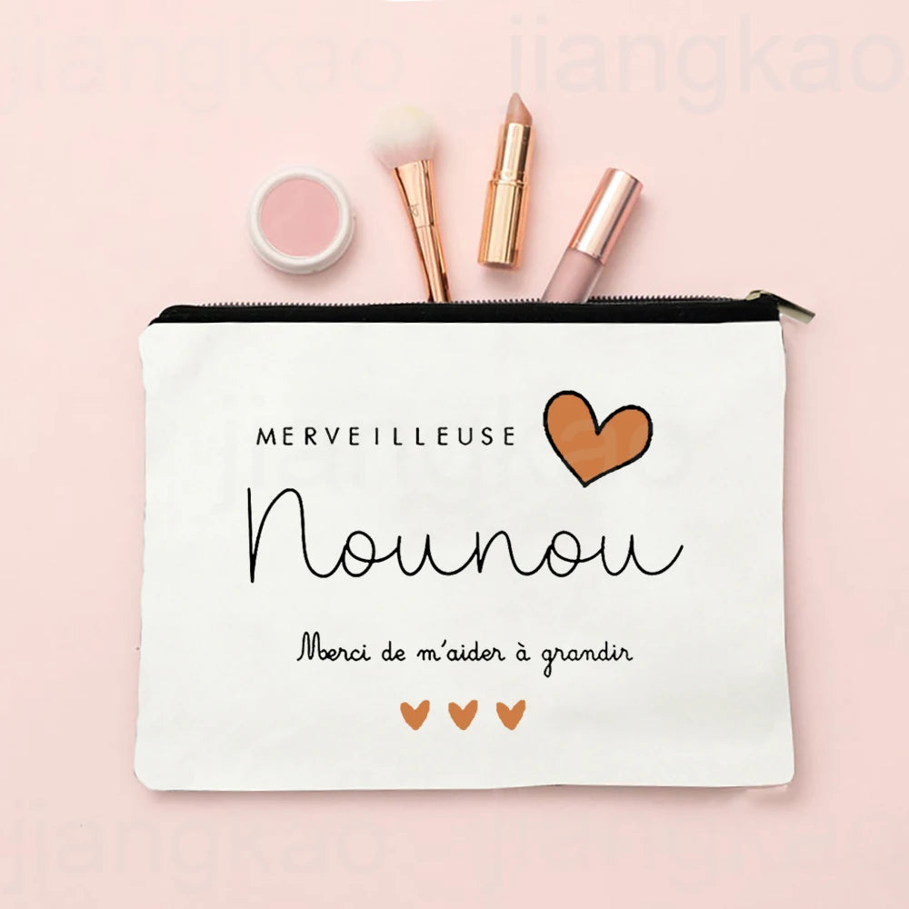 Thank You for Caring for Me As A Nanny French Print Cosmetic Bag Travel Toiletry Organizer Bags Women Makeup Bag Gift for Nounou