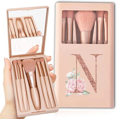 5pcs Cosmetic Brush Kit With Mirror And Case Foldable Box Storage Makeup Brush Set Portable Beauty Tool Rose Gold Letter Pattern
