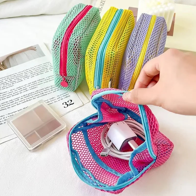 Stylish Mini Grid Capacity Square Mesh Storage Pouch, Cosmetic Key Coin Purse Mini Zipper Bags, Women Stationery Case Cute Gifts