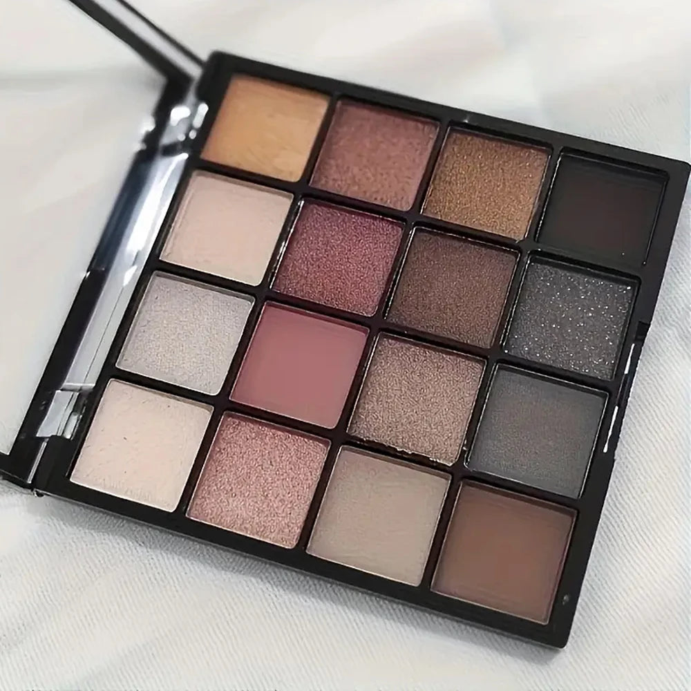16-Color Eyeshadow Palette, Matte and Shimmering - Neutral Gray and Brown Earth Tones, Coffee and Chocolate-Style Shades, Creating a Versatile, Natural to Dramatic Makeup Look