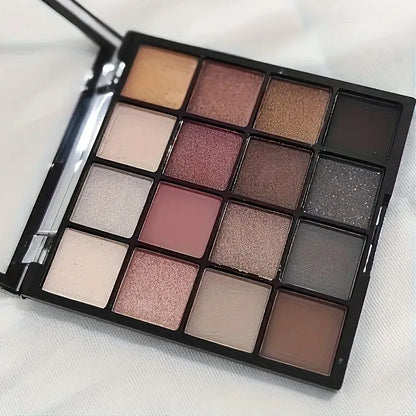 16-Color Eyeshadow Palette, Matte and Shimmering - Neutral Gray and Brown Earth Tones, Coffee and Chocolate-Style Shades, Creating a Versatile, Natural to Dramatic Makeup Look