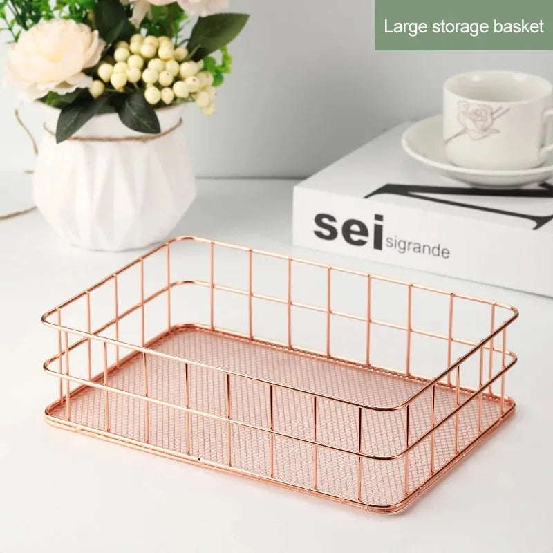 Nordic Iron storage Basket jewelry organizer Gold Office Desktop Sundries Makeup Brushes Holder Table Cosmetics Organizer Rack