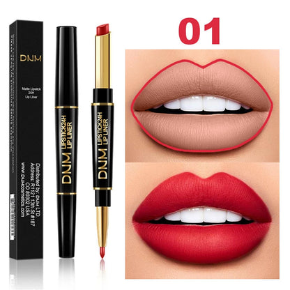 DNM 2 In 1 Matte Lipstick Pencil Double Head Lip Liner Pen Long Lasting Waterproof Lady Charming Nude Red Lipliner Pencil Makeup
