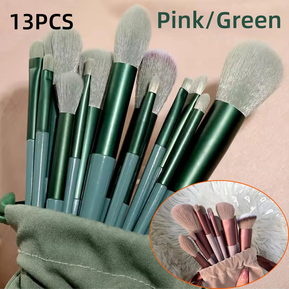 13PCS Green/Pink Makeup Brush Set With Soft Bristles For Easy Carrying Suitable For Beginners And Professional Makeup Artists