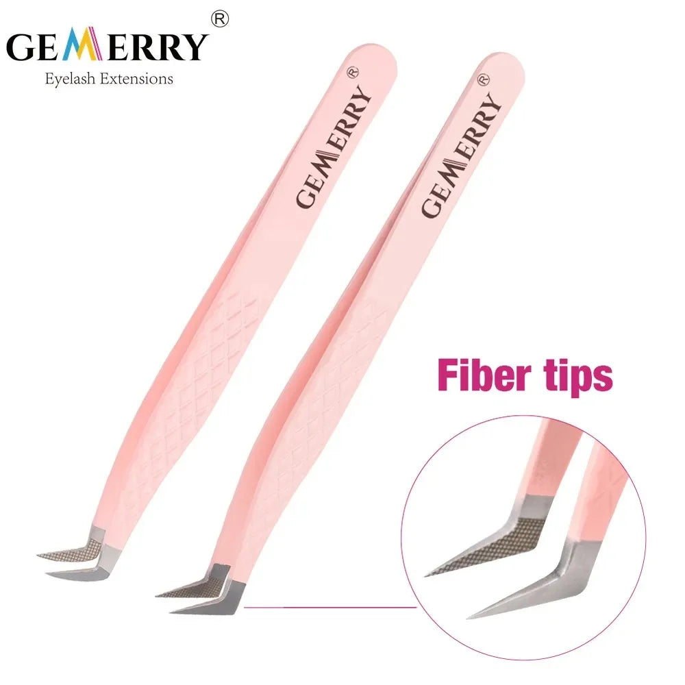 GEMERRY 1 PC Eyelash Tweezers With Fiber Tips Pink Professional Steel High Precision for Volume Fans Lashes Extensions Makeup