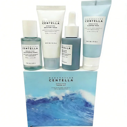 Centella HyaluCica Travel Kit,Brightening Toner, Blue Ampoule Serum,Night Sleeping Pack and Moisturizer Cream Skincare Mini Set