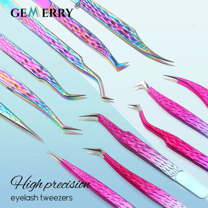 GEMERRY Tweezers for Eyelash Extension Colorful Stainless Steel Superhard Fiber Tips High Precision Anti-Static Makeup Tool