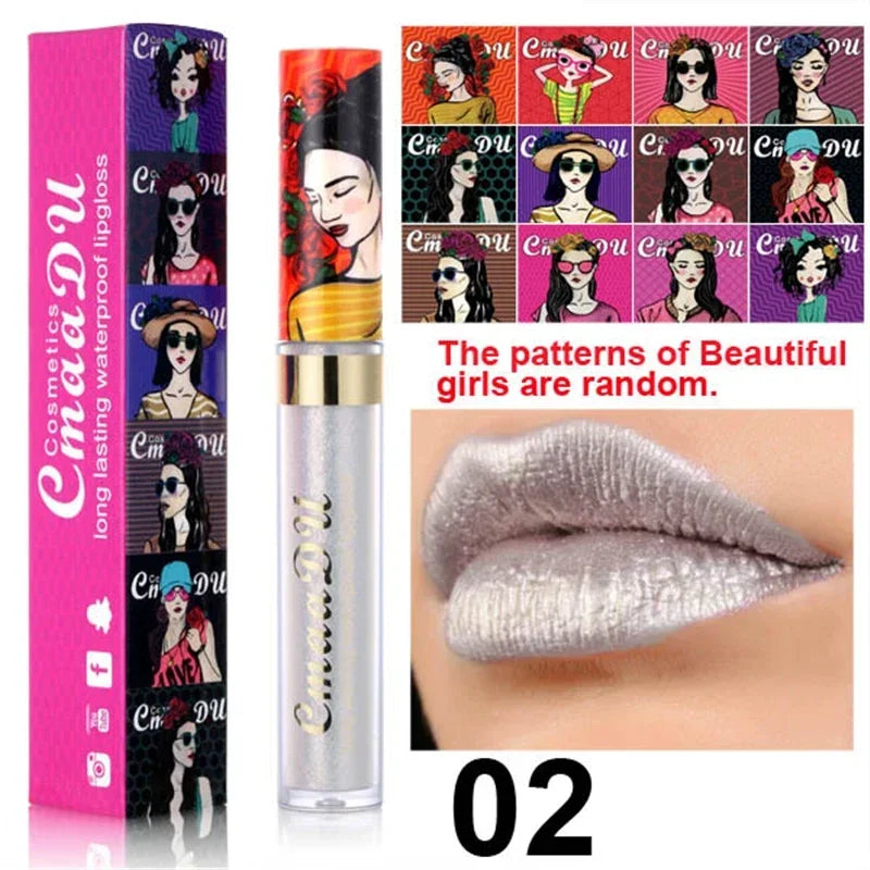 Cmaadu shimmer lip gloss beauty girl diamond glitter lip tint waterproof long lasting 12 color gold flash liquid lipstick makeup