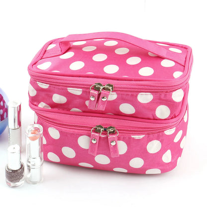 Women'S Travel Cosmetic Makeup Bag Organizer Double Layer Dot Pattern Toiletry Bag Case Pouch With Mirror For Woman