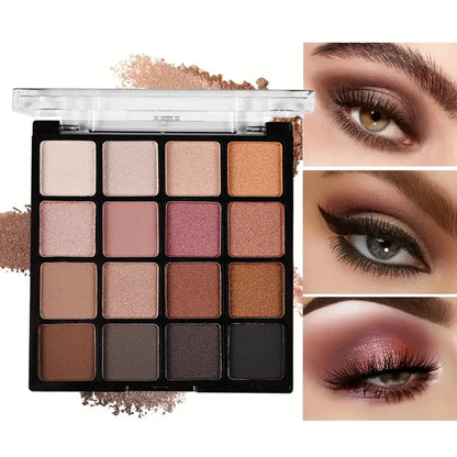 16-Color Eyeshadow Palette, Matte and Shimmering - Neutral Gray and Brown Earth Tones, Coffee and Chocolate-Style Shades, Creating a Versatile, Natural to Dramatic Makeup Look