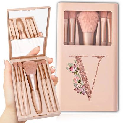 5pcs Cosmetic Brush Kit With Mirror And Case Foldable Box Storage Makeup Brush Set Portable Beauty Tool Rose Gold Letter Pattern