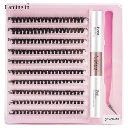 New 10Rows Individual Lashes Kit Natural Long DIY Cluster Eyelashes with Lash Bond and Seal Extension Kit Makeup Tools Faux Cils