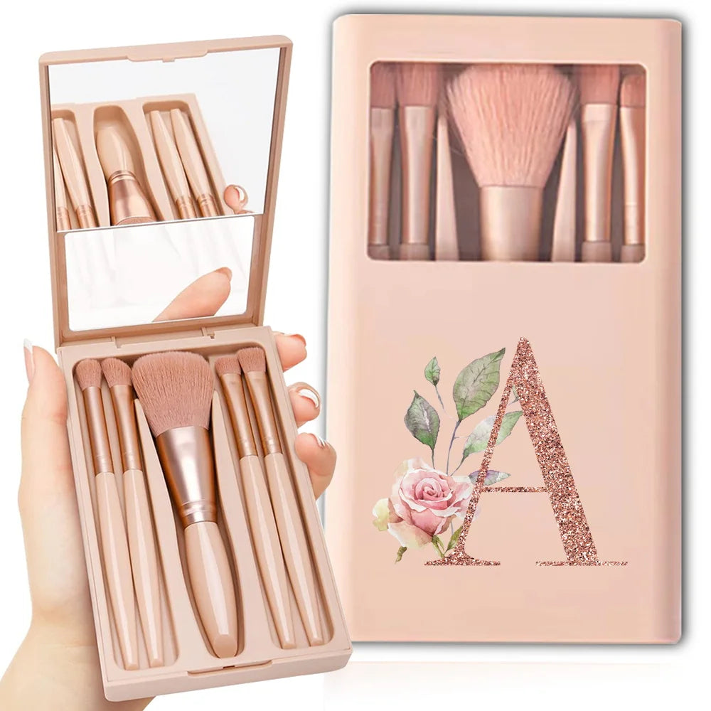 5pcs Cosmetic Brush Kit With Mirror And Case Foldable Box Storage Makeup Brush Set Portable Beauty Tool Rose Gold Letter Pattern