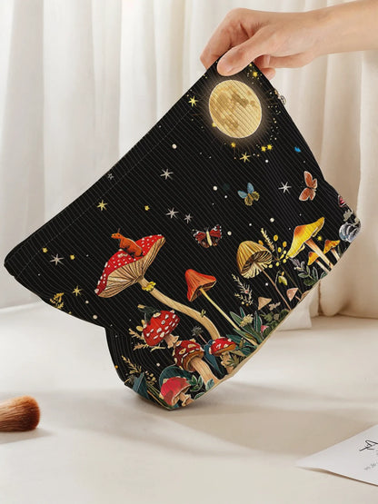 1pc，Mushroom Forest Pattern Corduroy Zipper Makeup Bag, Lightweight Multi functional Makeup Storage Bag