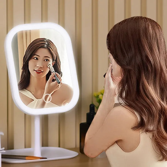 LED Makeup Mirror with 3 Colors Light Desktop Vanity Mirror Touching Mirror with Storage Base Portable