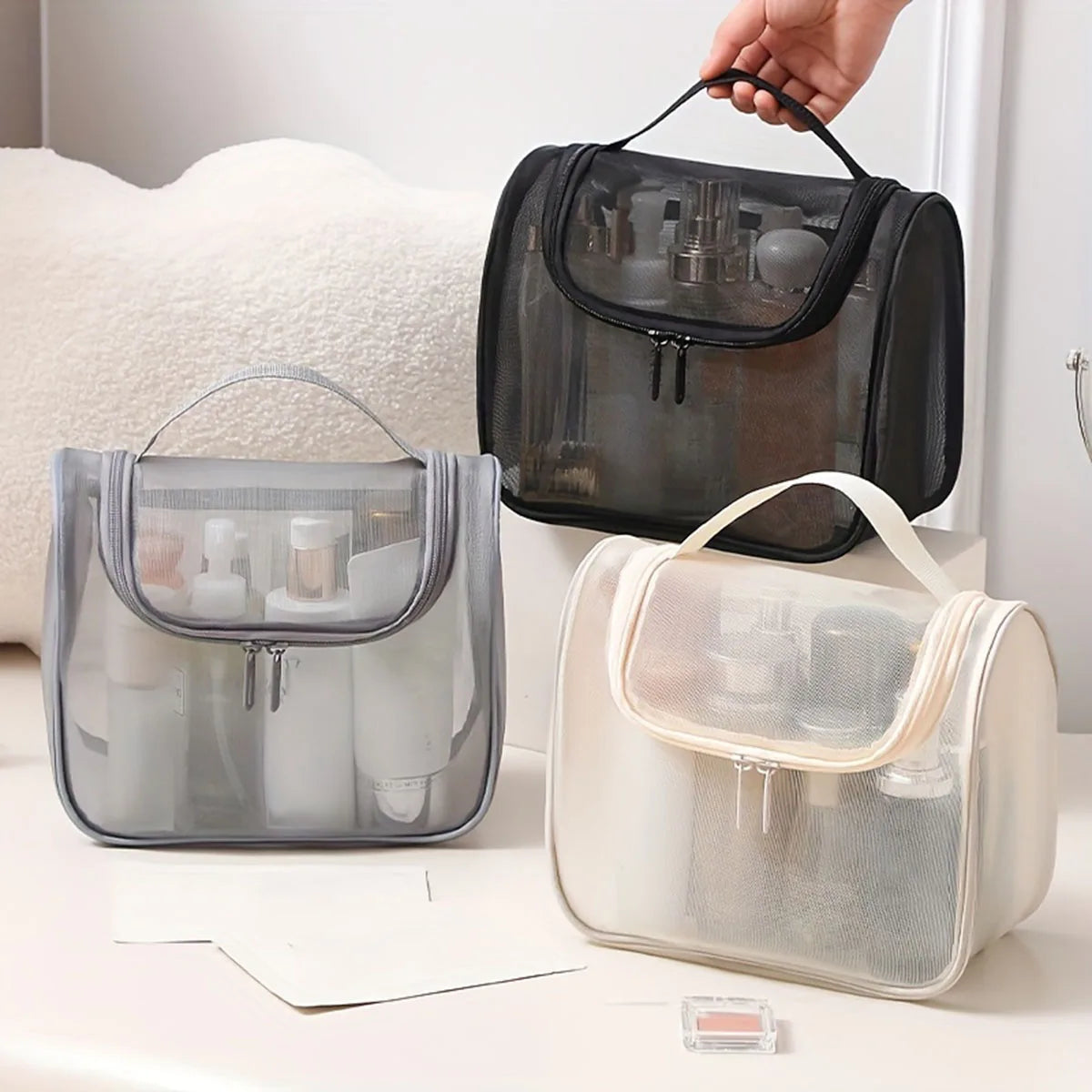 New multi-functional toiletries bag curved nylon mesh portable makeup bag women's large capacity cosmetics storage bag