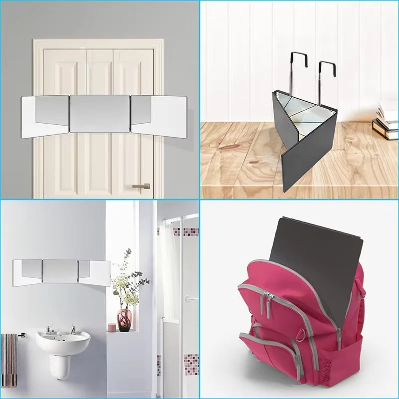 360 Trifold Mirror Portable with Height Adjustable Telescoping Hooks Ideal for Self Hair Cutting Makeup Essential Fordable