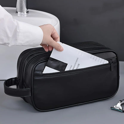 2025 Portable Double-layer Toiletry Bag for Men and Women Sports Business Travel PU Leather Casual Handbag Waterproof Makeup Bag