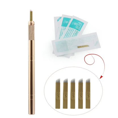 Golden Tebori 3D Tattoo Pen + 5 Pcs 12 Pins Microblading Tattoos Needles Permanent Makeup Manual Professional Eyebrow Tattoo Set