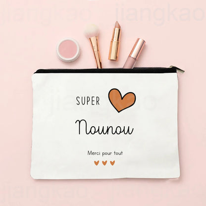 Thank You for Caring for Me As A Nanny French Print Cosmetic Bag Travel Toiletry Organizer Bags Women Makeup Bag Gift for Nounou