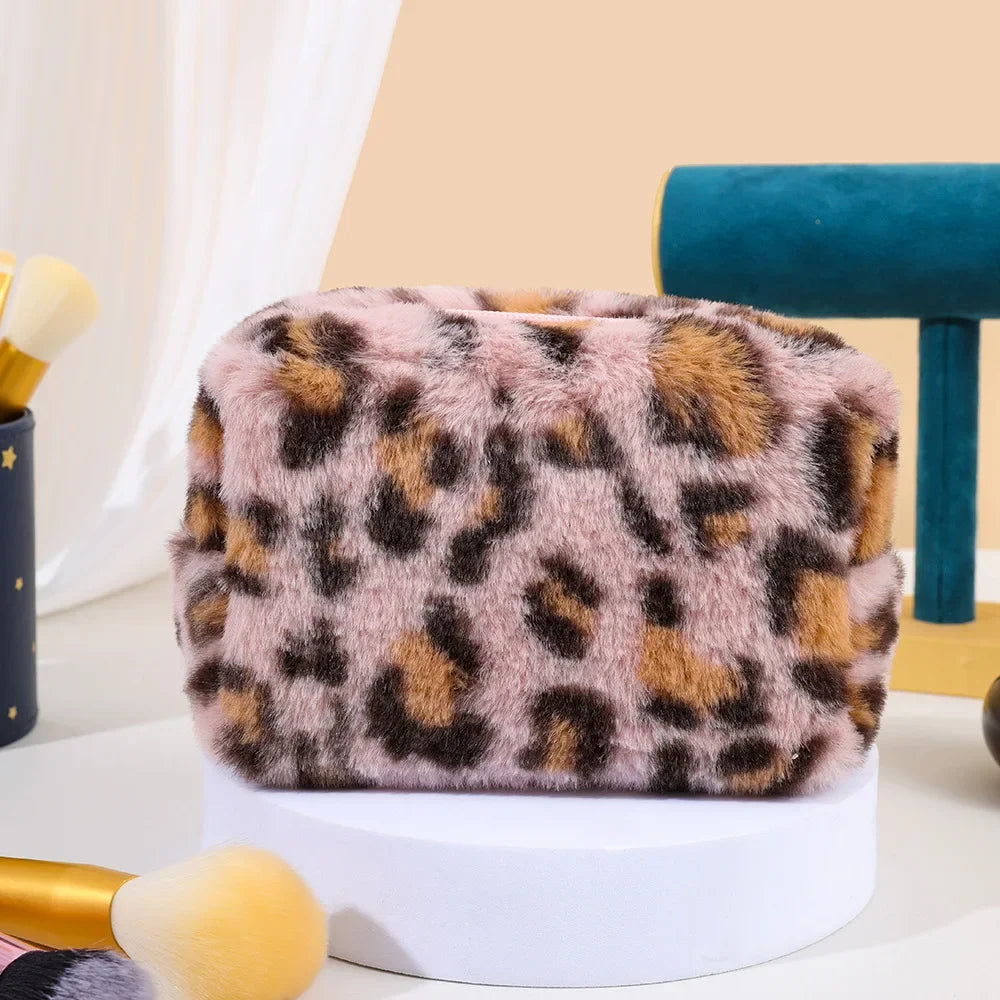 Leopard Fur Makeup Bags for Women Soft Travel Cosmetic Bag Organizer Case Lady Girls Make Up Case Necessaries Handbags Case