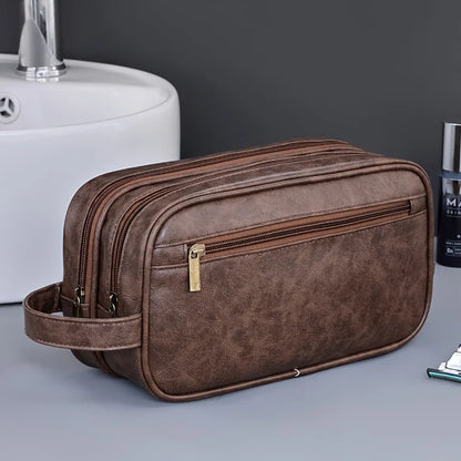 2025 Portable Double-layer Toiletry Bag for Men and Women Sports Business Travel PU Leather Casual Handbag Waterproof Makeup Bag