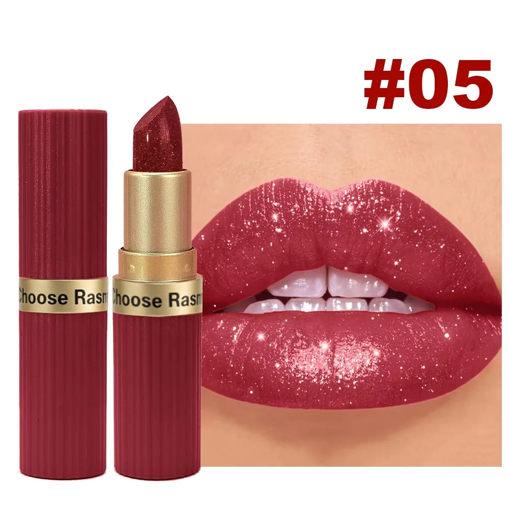 Pearlescent Pink Glitter Velvet Lipstick Metallic Waterproof Long Lasting Matte Shimmer Diamond Lipstick Women Makeup Cosmetic