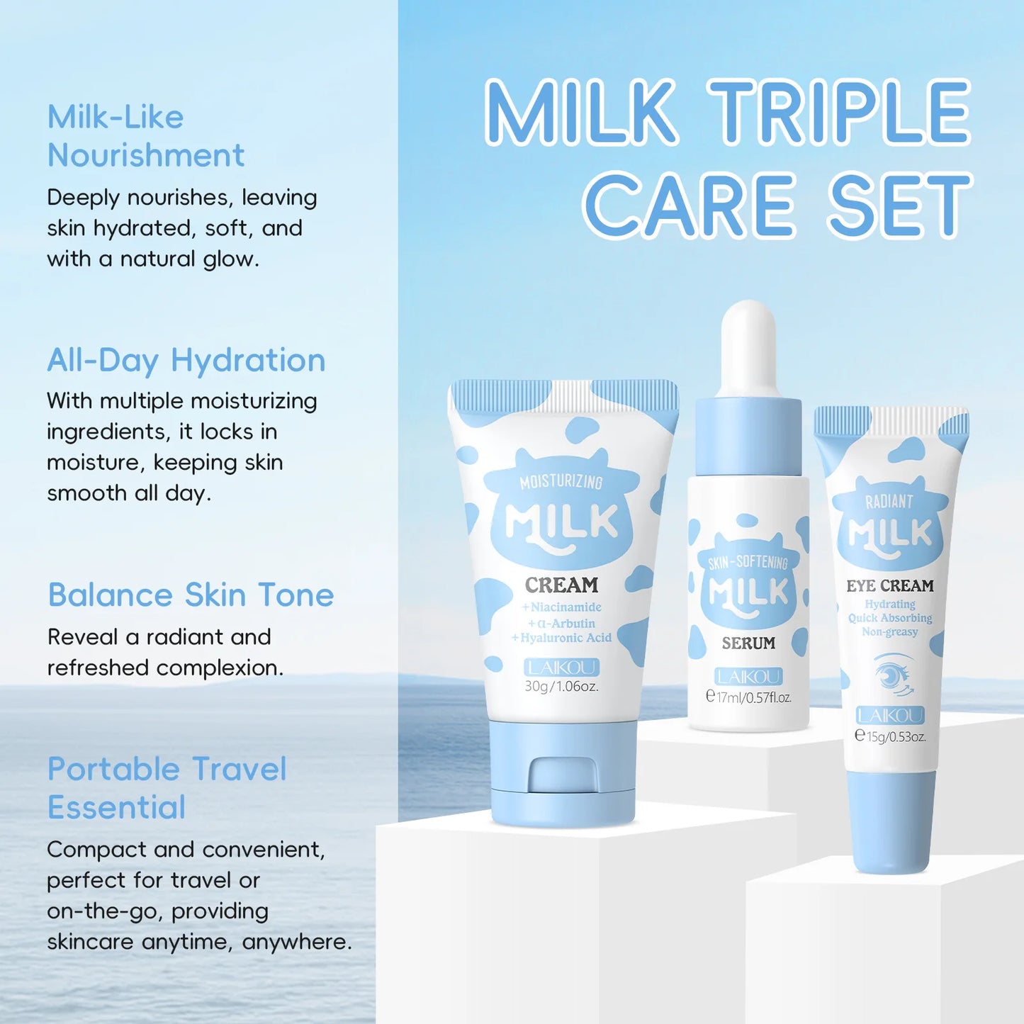 LAIKOU Milk Skincare Travel Set 3pcs Niacinamide Hyaluronic Acid Face Serum Eye Cream Face Cream Moisturizing Glowing Skin Care