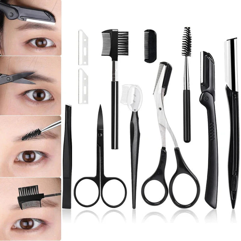 Black Eyebrow Trimming Scissors Stainless Steel Tweezers Scraping Eyebrow Comb Razor Eyebrow Clip Makeup Tools Sets