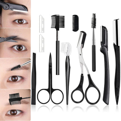 Black Eyebrow Trimming Scissors Stainless Steel Tweezers Scraping Eyebrow Comb Razor Eyebrow Clip Makeup Tools Sets