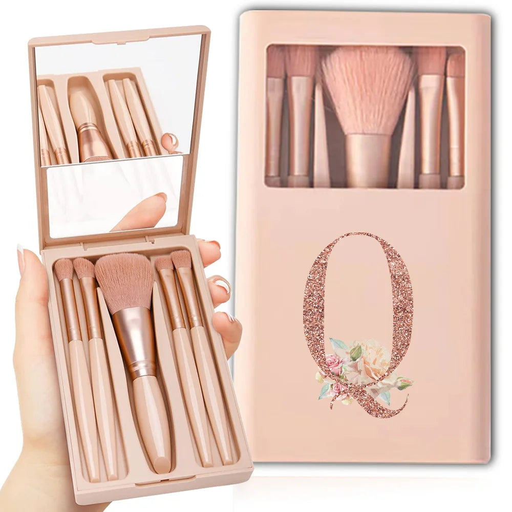5pcs Cosmetic Brush Kit With Mirror And Case Foldable Box Storage Makeup Brush Set Portable Beauty Tool Rose Gold Letter Pattern