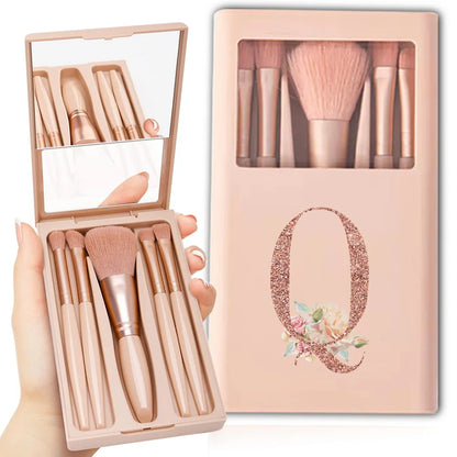 5pcs Cosmetic Brush Kit With Mirror And Case Foldable Box Storage Makeup Brush Set Portable Beauty Tool Rose Gold Letter Pattern