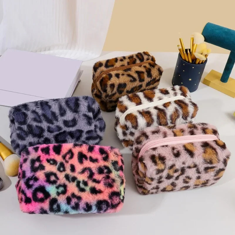 Leopard Fur Makeup Bags for Women Soft Travel Cosmetic Bag Organizer Case Lady Girls Make Up Case Necessaries Handbags Case