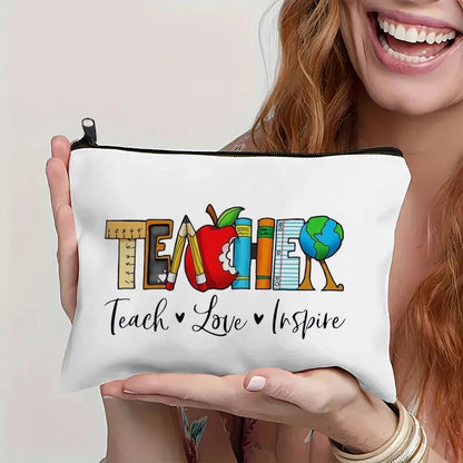 Coffee Give Me Teacher Power Women Linen Cosmetic Bag Makeup Pouch Handbag Lipstick Organizer Teacher's Day Best Gifts Pen Bag
