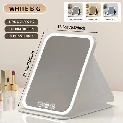 USB Rechargeable 3 Colors LED Makeup Mirror Pocket Mirror Touch Dimmable 3 Brightness Foldable for Travel Office Home
