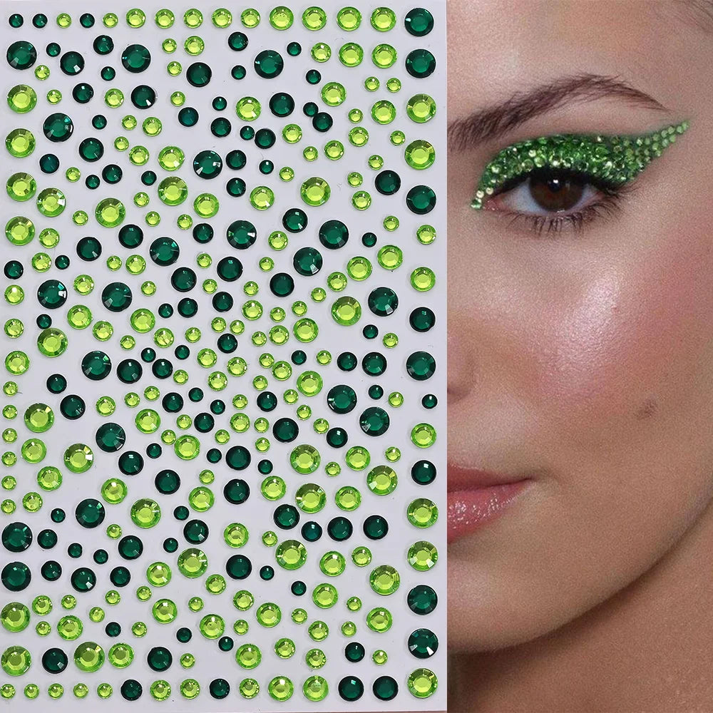 1Pcs 3D Emerald Green Face Jewels Tattoo Stickers Round Rhinestones Temporary Tattoos for Party Makeup DIY Body Diamond Decals &